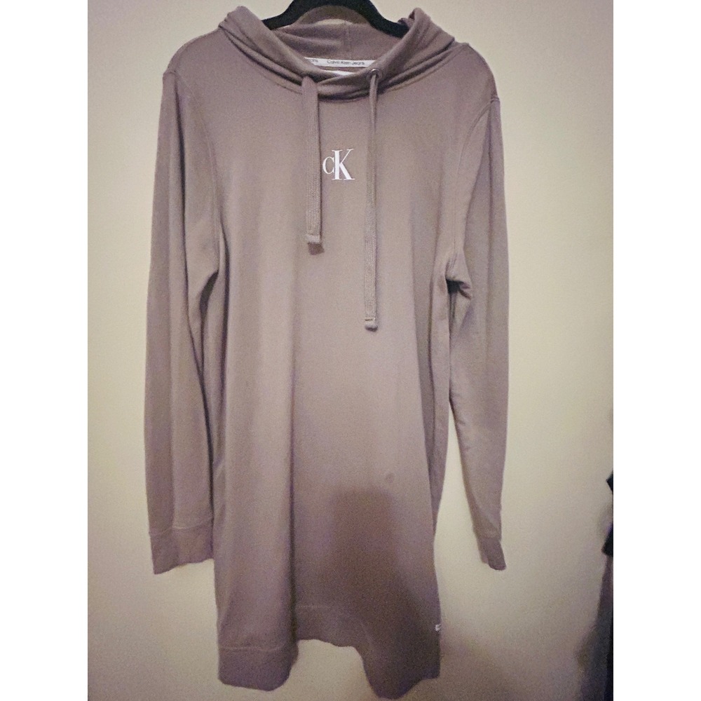 Calvin Klein Jeans Hoodie Dress Womens Medium Taupe Good Embroidered Logo Mini